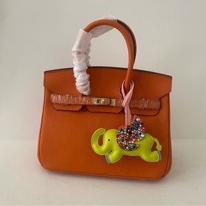 Orange Real Leather 25 BK Top Handle Structured Bag w/ Gold Key Lock Belted B12